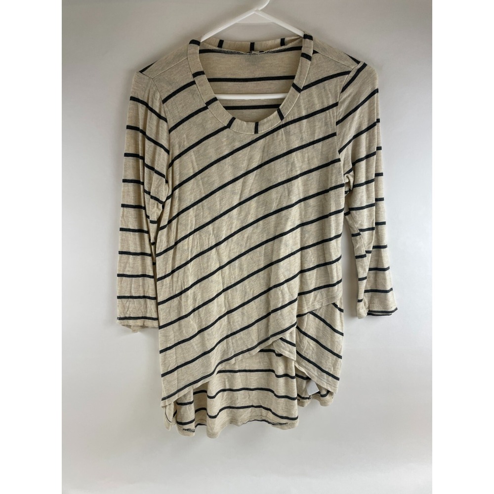 Como Vintage Blouse Women's Size S Tan Black High Low Faux Wrap Scoop neck Tee